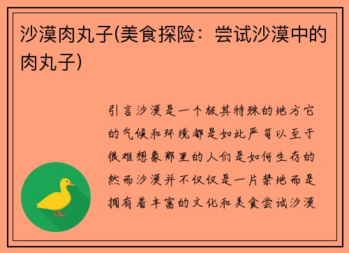 沙漠肉丸子(美食探险：尝试沙漠中的肉丸子)